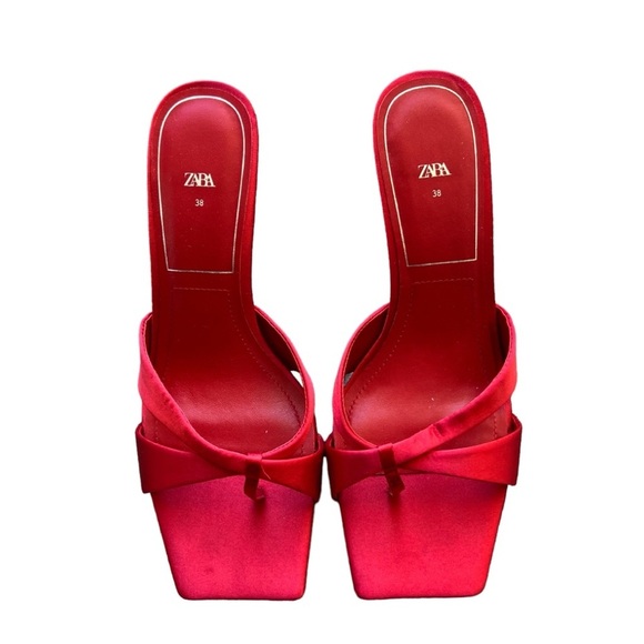 Zara Shoes - Zara - Red Satin Effect Toe Loop Square Heels Sandals Sz 38